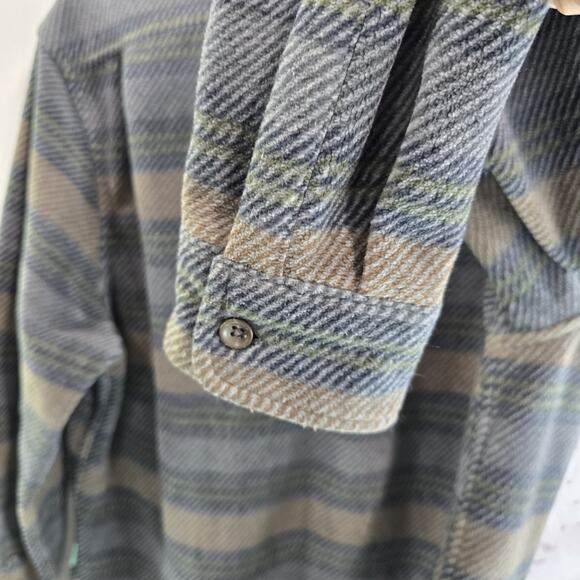 Vissla Shirt Mens Medium Brown Gray Fleece Stripe Button Up Long Sleeve Shacket - Picture 11 of 13